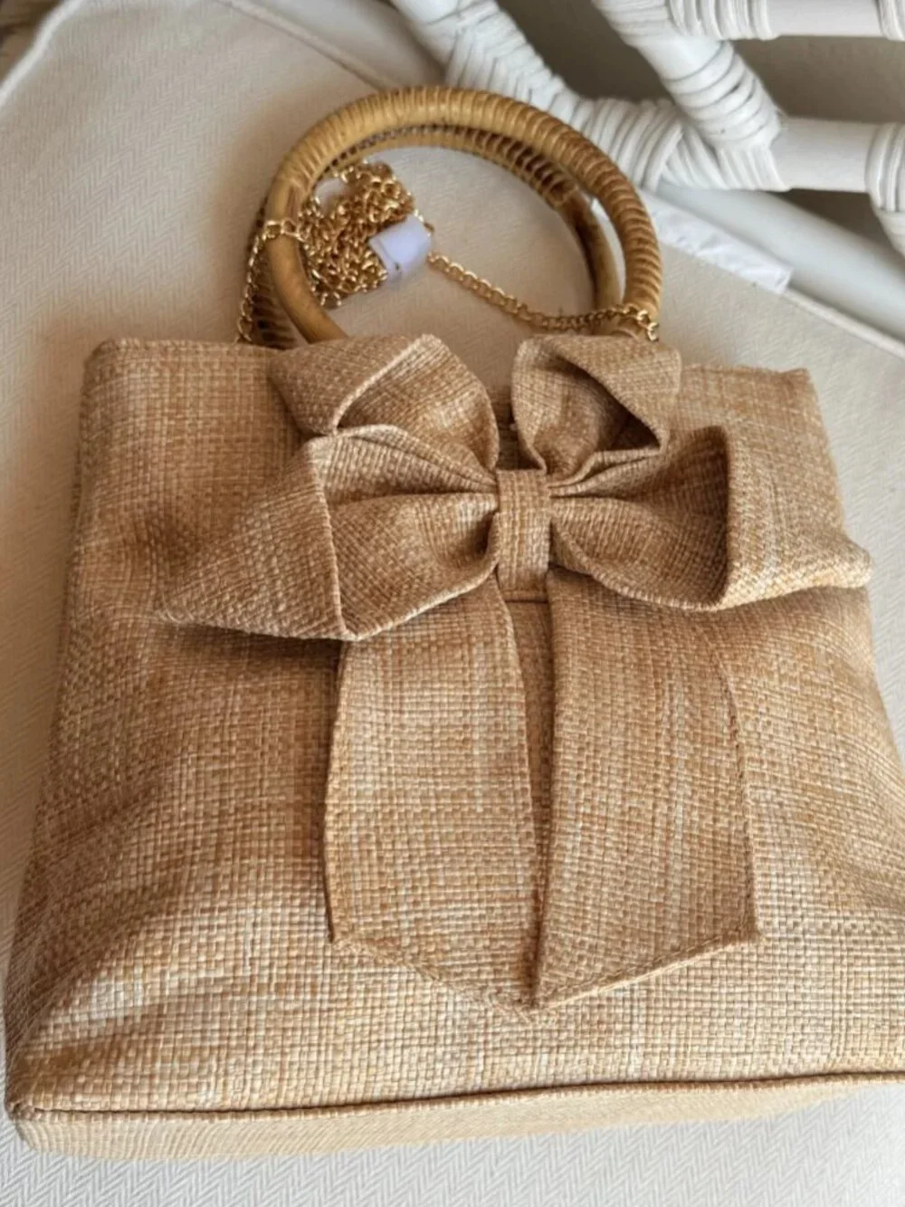 Tommy Bahama Bow Straw Tote Handbag Bamboo Handles Gold Chain NWT